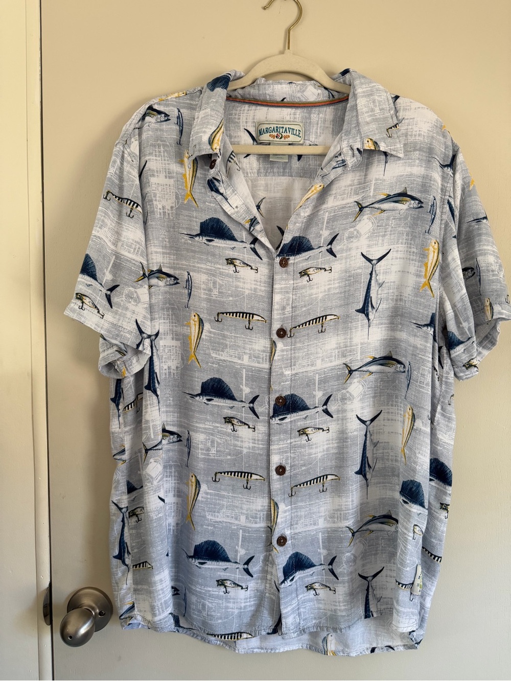 Margaritaville Light Blue Short-Sleeve Fishing Print Button-Down Shirt